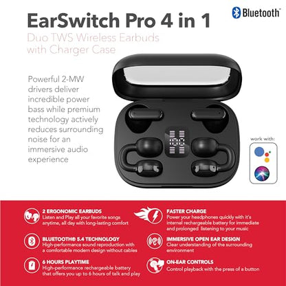 RCA EarSwitch Pro 4-in-1 Duo TWS Wireless Earbuds, Bluetooth 5.4 Open-Ear & in-Ear Dual Buds with LED Charging Case, Touch Control, Built-in Mic, 6H Playtime for Sport & Office (Black) - color: Black