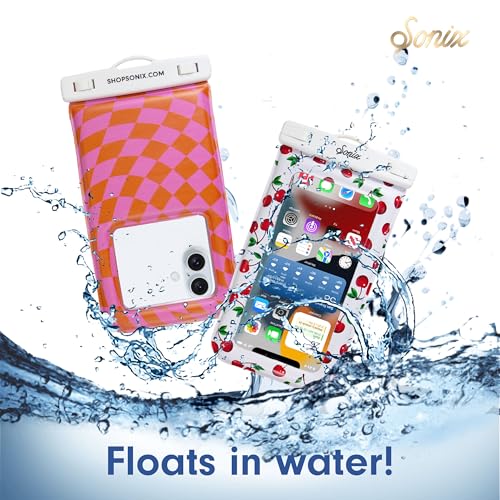 Sonix Waterproof Phone Pouch - Floating Phone Case Dry Bag w/Crossbody Lanyard - Beach Cruise Travel Essentials - Compatible w/All Devices, Touchscreen Friendly | Checkmate Pink/Orange - color: Checkmate Pink/Orange
