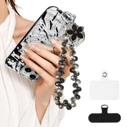 Cute Phone Wrist Strap Chic Beaded Cellphone Lanyard Phone Charm Grip Strap - color: Black Flower Crystal
