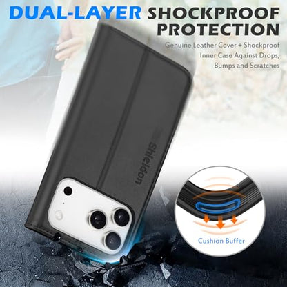 SHIELDON Genuine Leather Wallet Case for iPhone 17 Pro Max 6.9" 2025, Black | Flip Magnetic Cover, Kickstand, RFID Blocking, 3 Credit Card Holder, Book Design, Shockproof, Soft Inner Phone Case - color: Black