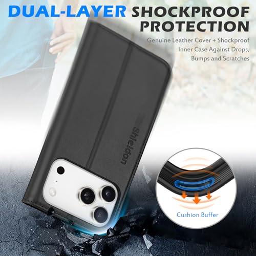 SHIELDON Genuine Leather Wallet Case for iPhone 17 Pro Max 6.9" 2025, Black | Flip Magnetic Cover, Kickstand, RFID Blocking, 3 Credit Card Holder, Book Design, Shockproof, Soft Inner Phone Case - color: Black