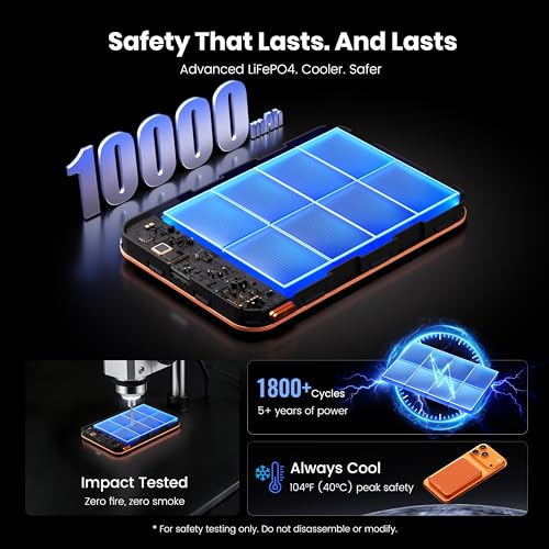 Qi2 Certified Magnetic Power Bank 10000mAh, 15W Fast Wireless Charger, Ultra-Slim LiFePO4 Battery Pack with 20W PD USB-C, Portable Charger for iPhone 17-12, Apple Watch & AirPods - color: Orange