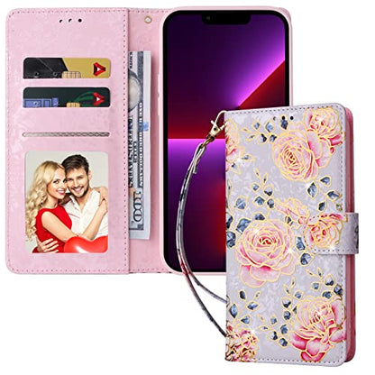 UEEBAI Wallet Case for Samsung Galaxy S22 5G, PU Leather Phone Case Kickstand RFID Blocking Flip Case Card Slots Wrist Strap Relief Engraved Pattern Magnetic Closure Flower Folio Case, Purple Rose - color: Purple Rose, size: Samsung Galaxy S22 5G