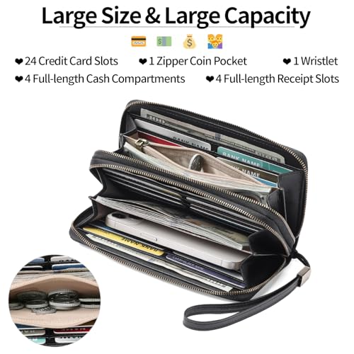 GAEKEAO RFID Leather Wristlet Wallet for Women with Grip Strap | Large capacity clutch wallet, credit card holder, wrist strap, zipper purse, travel and shopping - color: A12 Embossed Dark Black