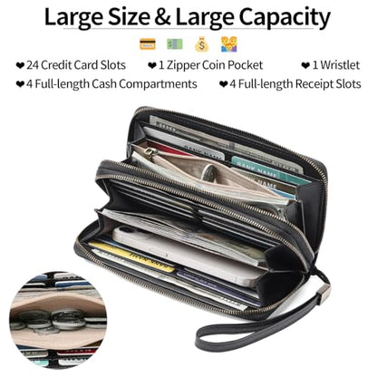 GAEKEAO RFID Leather Wristlet Wallet for Women with Grip Strap | Large capacity clutch wallet, credit card holder, wrist strap, zipper purse, travel and shopping - color: A12 Embossed Dark Black