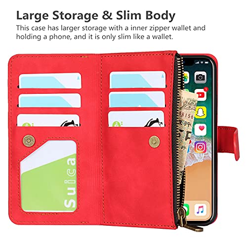 iCoverCase for iPhone X/XS Wallet Case with Card Holder and Wrist Strap, PU Leather Kickstand Card Slots Zipper Pocket Magnetic [Detachable] Flip Cover Case 5.8 Inch (Red) - color: Red