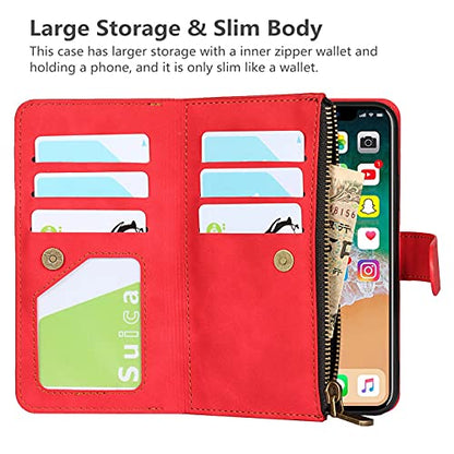iCoverCase for iPhone X/XS Wallet Case with Card Holder and Wrist Strap, PU Leather Kickstand Card Slots Zipper Pocket Magnetic [Detachable] Flip Cover Case 5.8 Inch (Red) - color: Red