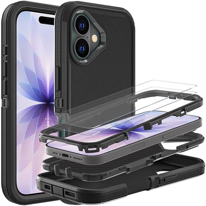 YKHJKLEC for iPhone 17 Case, Military Grade 3 in 1 Heavy Duty Shockproof/Drop Proof/Dust Proof Case with 2Pcs Tempered Glass Screen Protector (Black/Black) - color: Black/Black