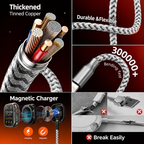 3-in-2 Multi Charging Cable for Apple Watch Charger 4FT Travel Essentials - color: GreyWhite