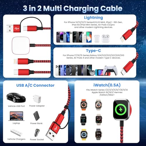 Travel Essentials 3in2 Multi Charging Cable for Apple Watch Charger,2PC 5FT - color: Red, size: AC to C+L+iWatch