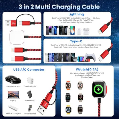 Travel Essentials 3in2 Multi Charging Cable for Apple Watch Charger,2PC 5FT - color: Red, size: AC to C+L+iWatch