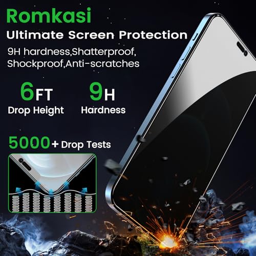 Romkasi 3 Pack Privacy Screen Protector for iPhone 12 Pro Max 6.7 Inch with 3 Pack Camera Lens Protector, Anti Spy Tempered Glass Film, Anti-Scratch, Touch Sensitive, Case Friendly - color: iPhone 12 Pro Max