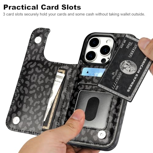 HAOPINSH for iPhone 16 Pro Wallet Case with Card Holder, Black Leopard Cheetah Pattern Back Flip Folio PU Leather Kickstand Card Slots Case for Women Girls, Double Magnetic Clasp Shockproof 6.3" - color: Black Leopard