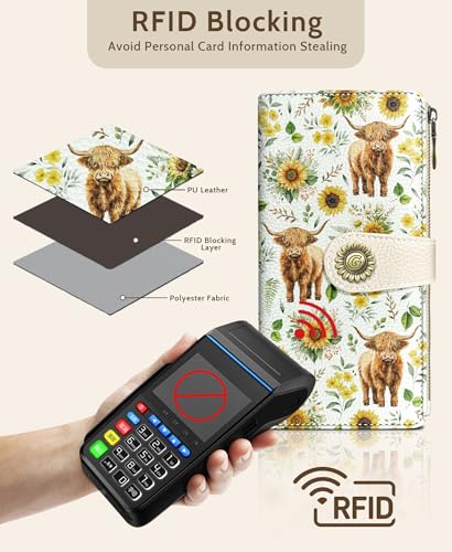 GIANCOMICS Highland Cow Womens Wallet RFID, Cute Credit Card Holder Bifold | Billfold, Cute Cash Purse, Travel Zipper Coin Pocket, Compact Clutch, PU Leather, ID Window, 11 Card Slots, Ladies Gift Woman - color: Highland Crow and Sunflowers