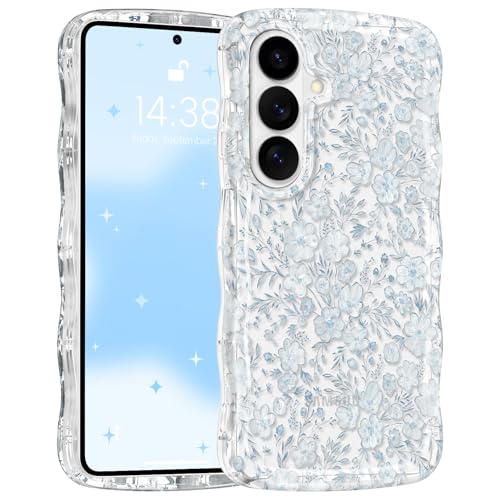 RALEAVO for Samsung Galaxy S26 Case Cute Floral Acrylic Wavy Cover,Blue | Cute Flowers Pattern Design,Clear Curly Wave Frame Cover for Women,Hard Acrylic Shockproof Anti-slip Case for S26 - color: Clear/Blue Flowers, size: For S26