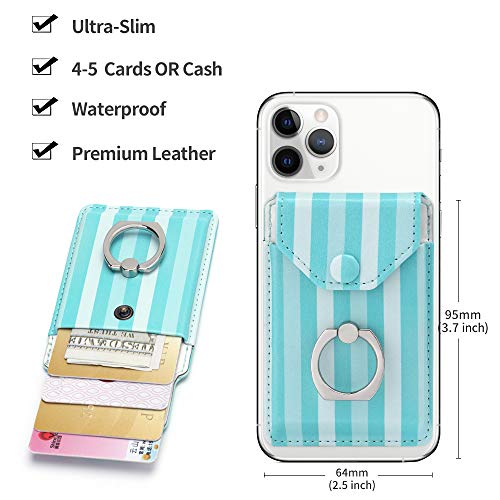 Self Adhesive Phone Card Wallet with Ring Stand Flip Cover, Green Striped - color: Green Striped