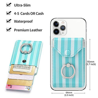 Self Adhesive Phone Card Wallet with Ring Stand Flip Cover, Green Striped - color: Green Striped