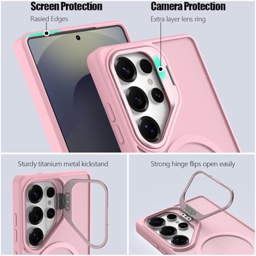 Nvollnoe for Samsung S25 Ultra Case Compatible with MagSafe Military Grade Shockproof Heavy Duty Protective Adjustable Kickstand Matte Semi Clear Phone Cover for Samsung S25 Ultra(Pink) - color: Pink