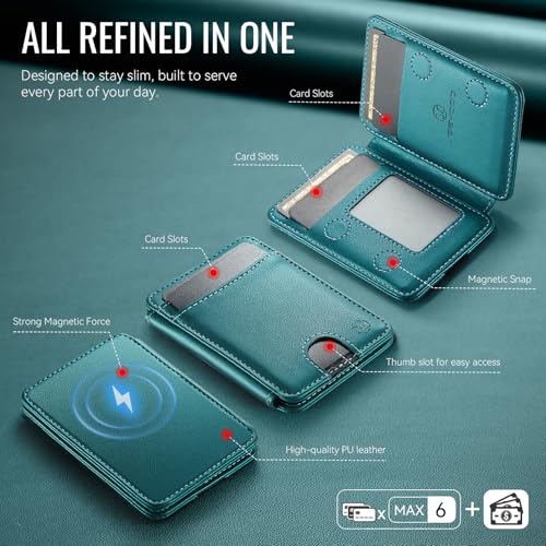 HXY for Magsafe Wallet Magnetic Card Holder RFID Blocking with Stand, 6 Card Holder for Phone Case, Slim Leather Magnetic Wallet for iPhone 17/16/15/14/13/12 Pro/Max/Plus (Teal) - color: Teal
