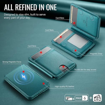 HXY for Magsafe Wallet Magnetic Card Holder RFID Blocking with Stand, 6 Card Holder for Phone Case, Slim Leather Magnetic Wallet for iPhone 17/16/15/14/13/12 Pro/Max/Plus (Teal) - color: Teal