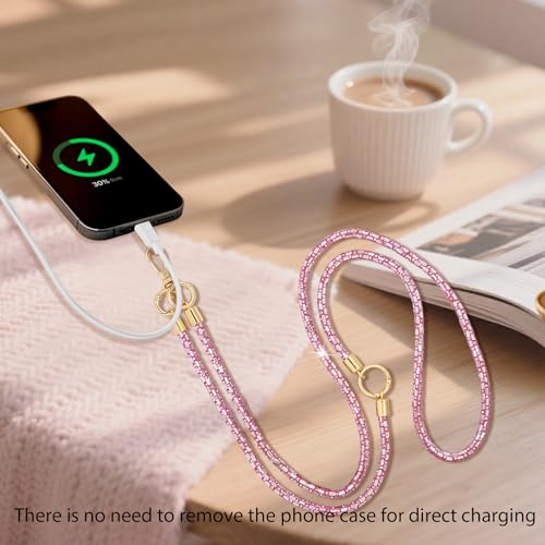 Crystal Phone Lanyard Crossbody Adjustable Rhinestone Anti-Theft Phone Strap Crossbody Cell Phone Neck Strap for Women - color: Pink