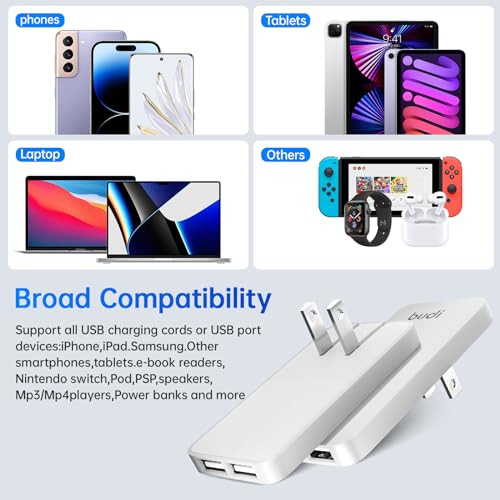 BUDI 17W Extra Slim Portable Wall Charger 2-Port USB-A Wall Charger Convenient Travel Accessories Compatible with IPad iPhone Samsung Galaxy Switch, Etc.(White) - color: 17W USB-A - White