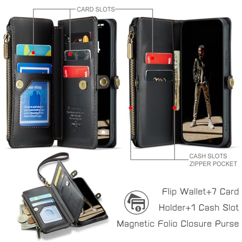 Defencase for Samsung Galaxy S25 Wallet Case with RFID Card Holder, Black | Durable Soft PU Leather, with Zipper Pocket, Wrist Strap, Fashion Snap Flip S25 Phone Cases Cover with Stand for Women Men - color: Black