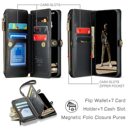 Defencase for Samsung Galaxy S25 Wallet Case with RFID Card Holder, Black | Durable Soft PU Leather, with Zipper Pocket, Wrist Strap, Fashion Snap Flip S25 Phone Cases Cover with Stand for Women Men - color: Black