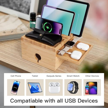 Bamboo Charging Station Organizer, with 5-Cables, No USB Charger - color: With Cables
