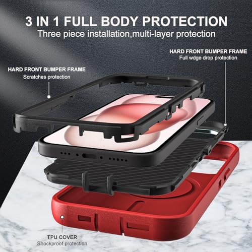 YKHJKLEC for iPhone 15 Case, Military Grade 3 in 1 Heavy Duty Shockproof/Drop Proof/Dust Proof with Kickstand Case, with 2 x Tempered Glass Screen Protector (ZJ-Red/Black) - color: ZJ-Red/Black