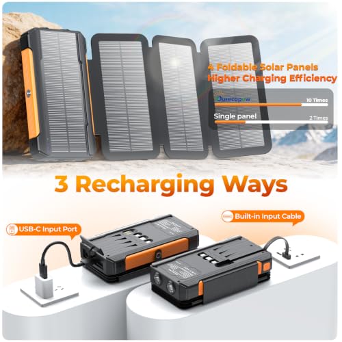 Solar Charger Power Bank 20000mAh Portable Charger Built-in 4 Cables(Micro/USB-C/Ios Output Cable,USB-A Input Cable) & 4 Solar Panels, 15W Fast Charging Battery Pack with Flashlight for Camping Travel