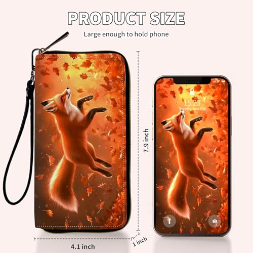 Ladies Wallet,Clutch Purses for Women Wallets Leather Credit Card Holder for Women Wristlet Slim Small Cute with Zipper,Thin RFID Blocking with Wrist Strap,Cute Fox Leaf - color: Cute Fox Leaf