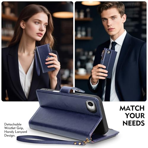 Compatible with iPhone 17e / 16e Wallet Case with Card Holder RFID Blocking Zipper Poket PU Leather Flip Phone Case with Wrist Strap Credit Card Slots Men Women,Blue - color: Blue