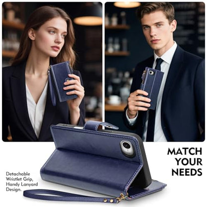 Compatible with iPhone 17e / 16e Wallet Case with Card Holder RFID Blocking Zipper Poket PU Leather Flip Phone Case with Wrist Strap Credit Card Slots Men Women,Blue - color: Blue