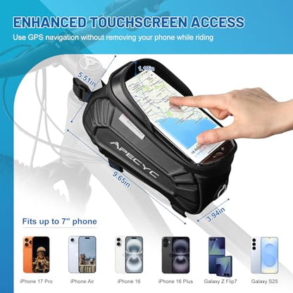 APECYC Bike Frame Bag, Waterproof Bike Phone Bag with Touch Screen | Hard-Shell Bike Top Tube Bag with Secure Mounting, Touchscreen Access, No Leg Interference, Storage Bag for Cycling Rides