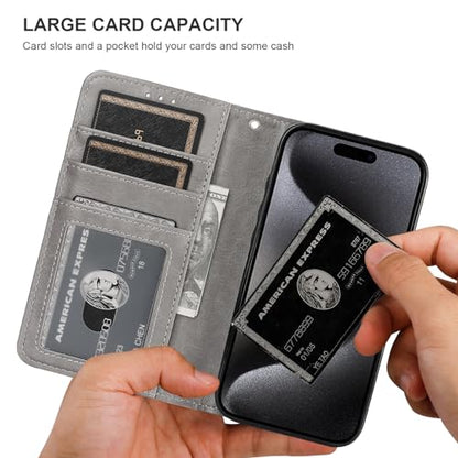 Bocasal Detachable Wallet Case Card Holder for iPhone 15 Pro, Grey | RFID Blocking Kickstand Card Slots Holder PU Leather Magnetic Shockproof Wrist Strap Removable Flip Protective Cover 6.1 inch - color: Gray