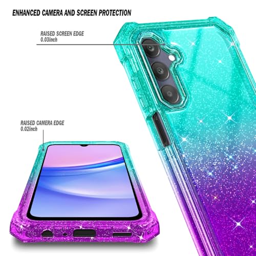 Compatible with Samsung Galaxy A15-5G Phone Case Glitter Aqua/Purple | Full-Body Protective Shockproof Bumper Cover with Tempered Glass Screen Protector, 12FT Military Grade Drop Tested - color: Glitter Aqua/Purple, size: Samsung Galaxy A15-5G