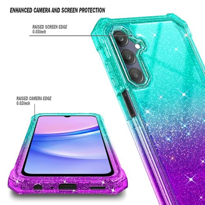 Compatible with Samsung Galaxy A15-5G Phone Case Glitter Aqua/Purple | Full-Body Protective Shockproof Bumper Cover with Tempered Glass Screen Protector, 12FT Military Grade Drop Tested - color: Glitter Aqua/Purple, size: Samsung Galaxy A15-5G