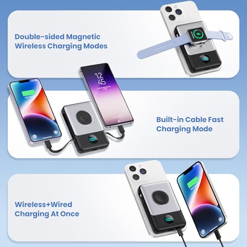 Magnetic Portable Charger for iPhone 18/17/16,10800mAh Power Bank with Built-in Cables & LCD Display,25W PD Fast Charging Battery Pack for iPhone 18 Pro/18 Pro Max/17/16/15/14/13/12 Series,Apple Watch
