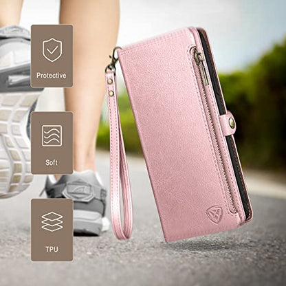 XcaseBar Compatible with ‌iPhone 16e 6.1"/17e 6.1" Wallet case with Zipper Credit Card Holder【RFID Blocking】,Flip Folio Book Leather Phone case Shockproof Cover Women Men for Apple 16e case Rose Gold - color: Rose Gold