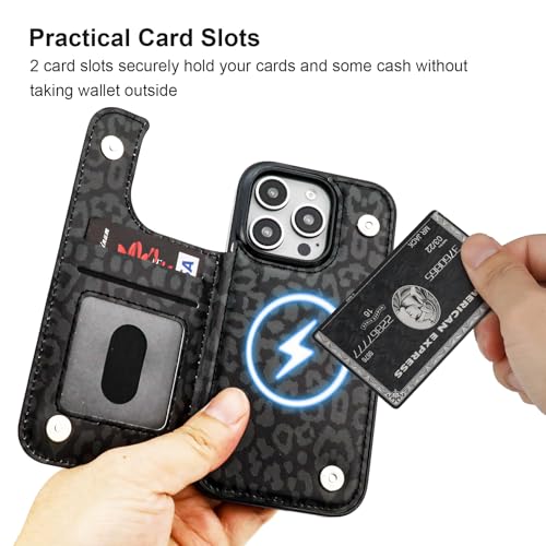 HAOPINSH for iPhone 16 Pro Case Wallet Compatible with MagSafe Wireless Charging, Black Leopard Cheetah Pattern Back Flip Folio Leather Kickstand Card Slots Case Double Magnetic Clasp Cover 6.3" - color: Black Leopard for MagSafe