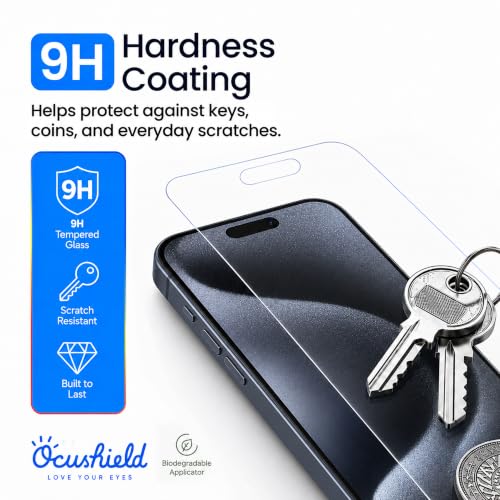 Ocushield Anti Blue Light Tempered Glass Screen Protector of for iPhone 15 Pro (6.1") – Blocks Blue Light, Prevents Eye Strain & Helps You Sleep Better, 9H Hardness & Case Friendly | Fits 6.1 inch display. 9H tempered glass blocks UV & blue light. Anti-ba