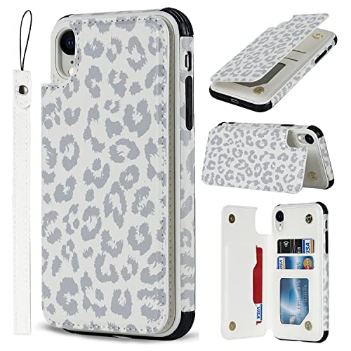 iCoverCase Compatible with iPhone XR Wallet Case with Card Holder and Wrist Strap, RFID Blocking Card Slots PU Leather Kickstand Protective Phone Case (Gray Leopard)