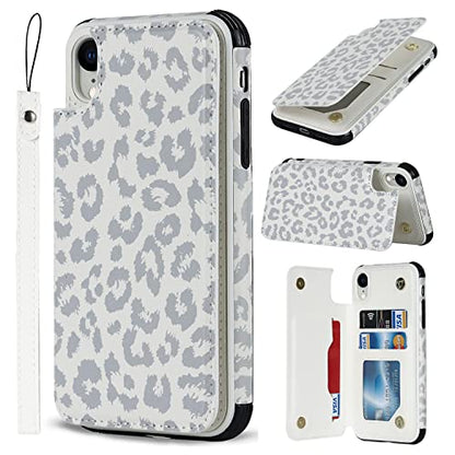 iCoverCase Compatible with iPhone XR Wallet Case with Card Holder and Wrist Strap, RFID Blocking Card Slots PU Leather Kickstand Protective Phone Case (Gray Leopard)