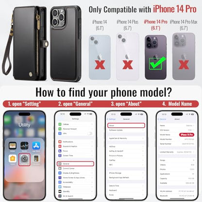 Defencase for iPhone 14 Pro Case Wallet Compatible with Magsafe, Black | Drop-Proof Magnetic Detachable Phone Cases Cover, with RFID Bolcking Card Holder, Zipper Strap, PU Leather, Removable Wallet - color: (Detachable with Magsafe)-Black