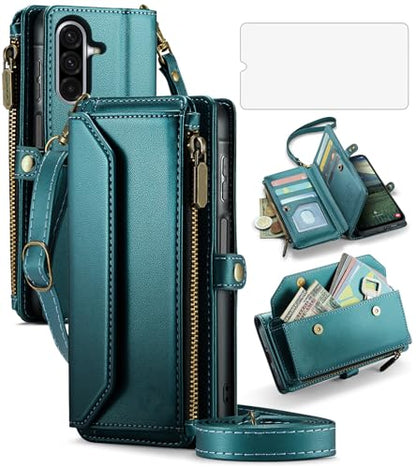 Asuwish Phone Case for Samsung Galaxy A17 5G Zipper Wallet Cover with Tempered Glass Screen Protector and Leather Flip RFID Blocking Credit Card Holder Cell Accessories A 17 17A 4G Women Girls Green - color: Green