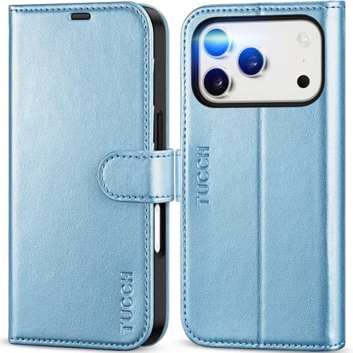 TUCCH Wallet Case for iPhone 17 Pro (6.3"), 4 Card Slots, Pearly Light Blue | RFID Blocking, Viewing Stand, Shockproof TPU Shell, PU Leather, Magnetic Closure, Protective Folio Flip Cover - color: Pearly Light Blue