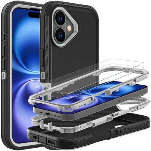 YKHJKLEC for iPhone 16 Case, Military Grade 3 in 1 Heavy Duty Shockproof/Drop Proof/Dust Proof Case with 2Pcs Tempered Glass Screen Protector (Black/Grey) - color: Black/Grey