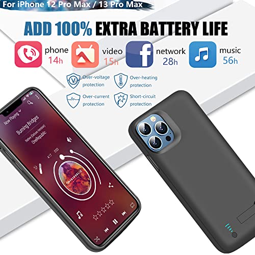 Battery Case for iPhone 12 Pro Max/iPhone 13 Pro Max, 6000mAh Rechargeable Extended Battery Charging Charger Case, Add 100% Extra Juice (6.7 Inches) Black