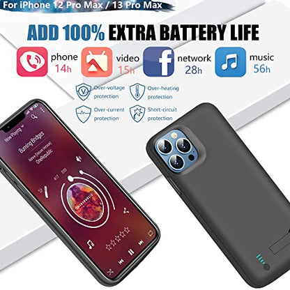 Battery Case for iPhone 12 Pro Max/iPhone 13 Pro Max, 6000mAh Rechargeable Extended Battery Charging Charger Case, Add 100% Extra Juice (6.7 Inches) Black